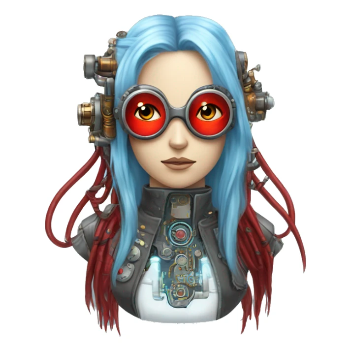 Light blue long hair female cyborg head with red steampunk goggles and circuits sticker