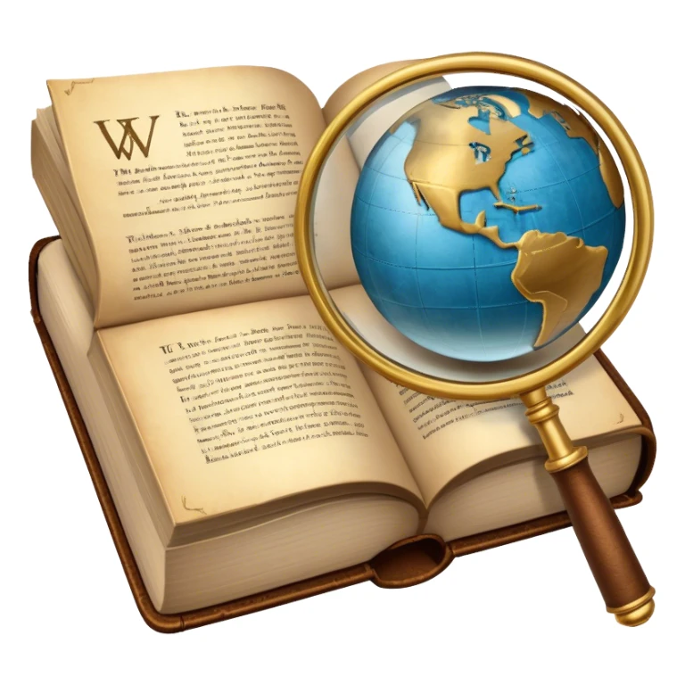 Icon for Non-Fiction & Narrative Reading: an open book with historical facts and narrative text on the pages, surrounded by a globe, a magnifying glass, and a quill. The icon should evoke the blend of fact and storytelling in non-fiction literature. Transparent background. sticker