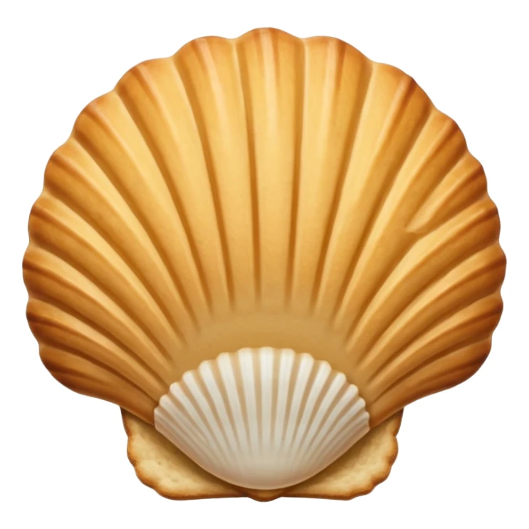 A madeleine pastry. Oval seashell shape with ONLY four to five vertical lines going in the same direction. Light golden brown. Scalloped edge. Cookie. Flat. Long. Oval shape. Lets scallops. Only four or five scalloped lines sticker