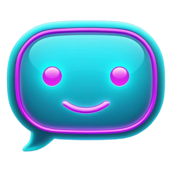 futuristic minimalistic glowing chat bubble icon, purple and cyan neon lines, dark background, digital communication style, 1:1 aspect ratio, no face sticker
