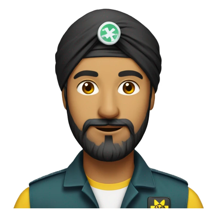 Tall sikh man with beard wearing a black turban and a yellow paramedic jacket sticker