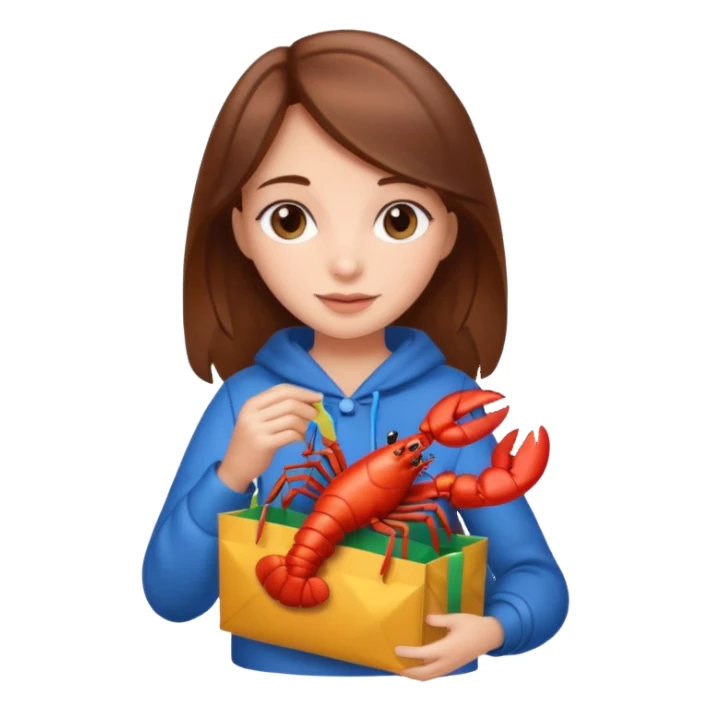 Cute girl brown hair holding gift bag with lobster inside sticker
