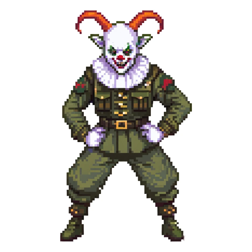 evil clown soldier, bald, short goat horns on forehead, fangs, pointed ears, black and military green clothes, fighting stance sticker