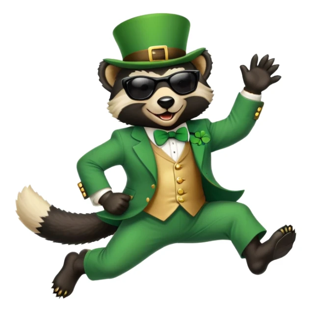 friendly anthropomorphised honey badger in a classic leprechaun suit with shamrock accessories, wearing sunglasses, jumping, St. Patrick's Day, no beer sticker