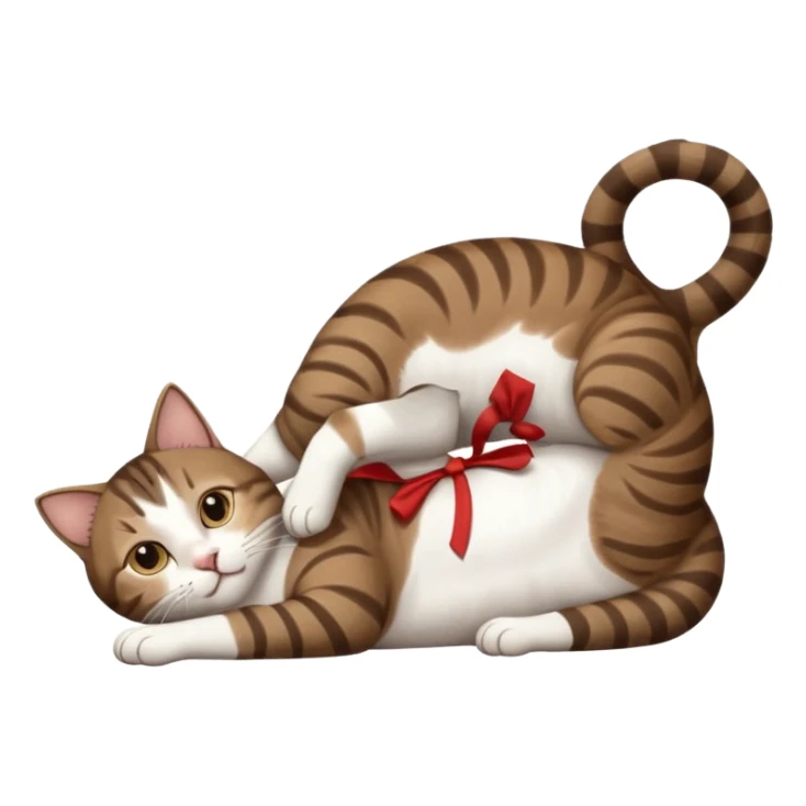 dark brown tabby and white cat with doing a big extremely long stretch reaching up into the air with arms and legs side by side together straight and overextended whilst lying on its side sticker