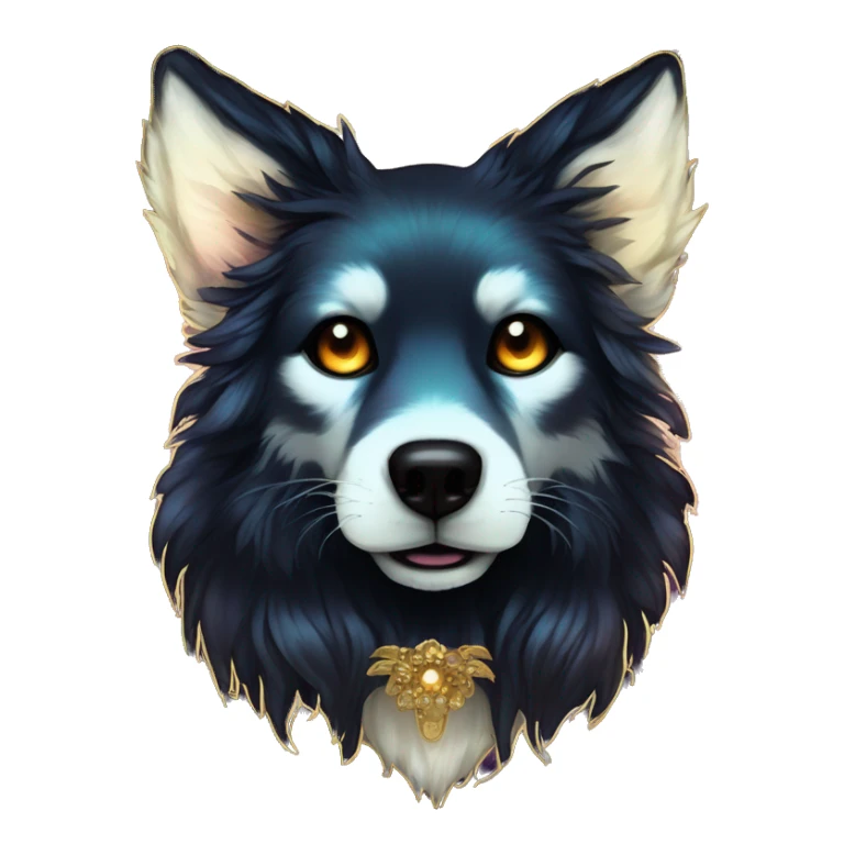 Black iridescent fluffy dog fox head zombie skeleton gold mechanical nebula galaxy stars colorful flowers fairy lights vintage sticker