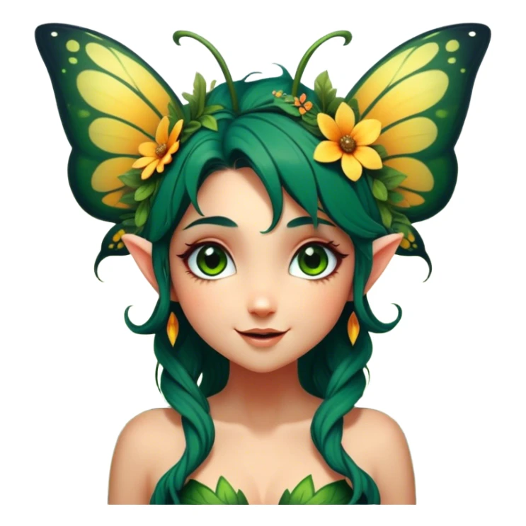 Cinematic Realistic Forest Fairy Portrait, head tilted dramatically with an exaggeratedly amused expression, featuring a striking, nature-infused form with glowing, sun-kissed tanned skin and vividly detailed dark green hair adorned with floral accents. Her expressive eyes brim with playful forest mischief, rendered with vibrant, lifelike textures and dynamic dappled lighting that conveys a spirited, over‐the‐top woodland whimsy showing her large butterfly wings from her back. sticker