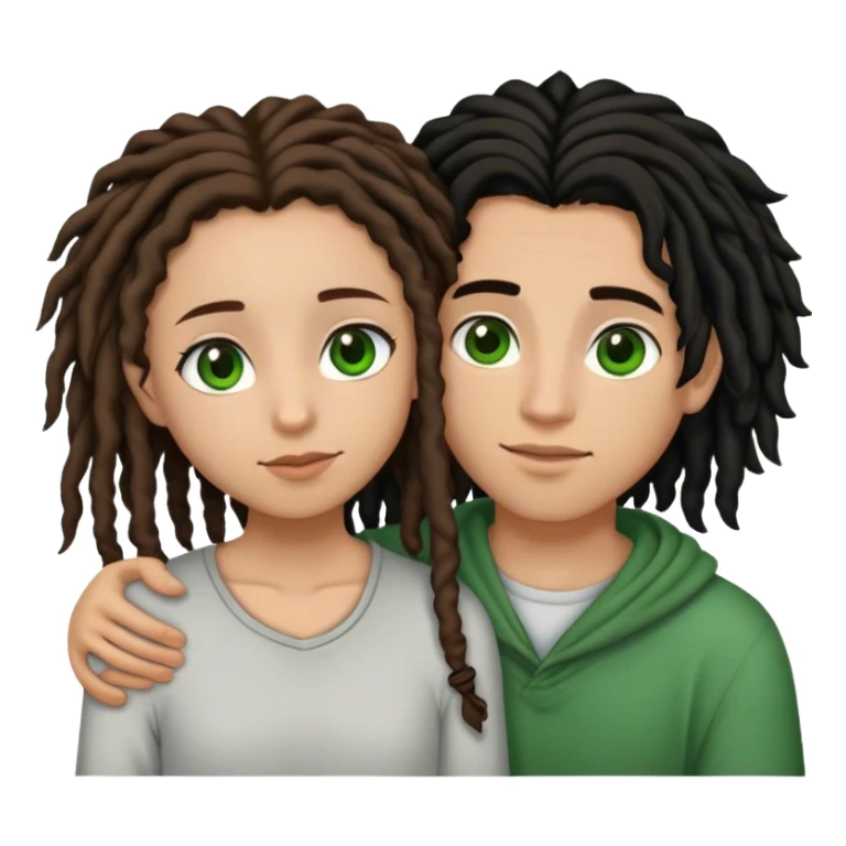 couple holding eachother. the boy is light skinned, short brown dreads, and green eyes. the girl is light skinned, long curly black hair, and brown eyes. sticker