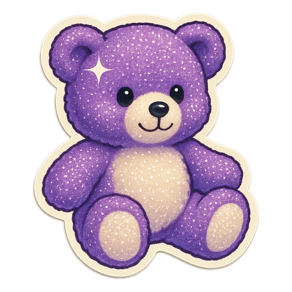 Add a glitter effect to the purple and white teddy bear's fur, keep it soft and plush, no shadows, flat lighting, no background. sticker