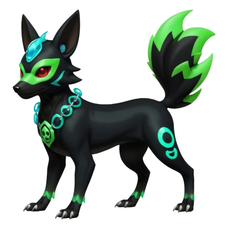 Hyper realistic slim black and neon green futuristic shiny colorful bioluminescent cyber-Poochyena-Zorua-Litten-Houndoom-Fakémon-Pokémon-Digimon-hybrid-fusion (full body) with a skull-mask-face sticker