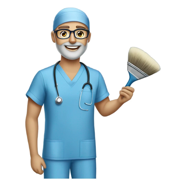 male blond doctor in scrub cap with grey van dyke beard with hazel eyes and small wire-rimmed glasses in blue scrubs holding a large paintbrush sticker