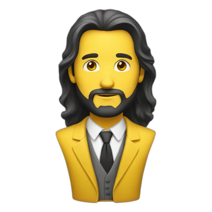 A man with long hair, a beard and yellow suit sticker