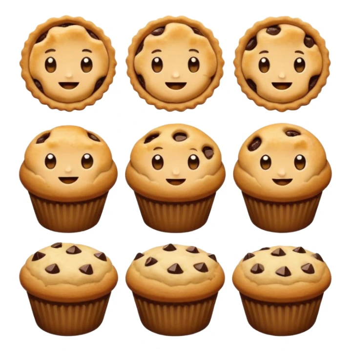 Baking humanless avatar in vibrant style illustration. Pie, cookie, and muffin warm golden tones, simple shapes, flat design, high contrast. sticker