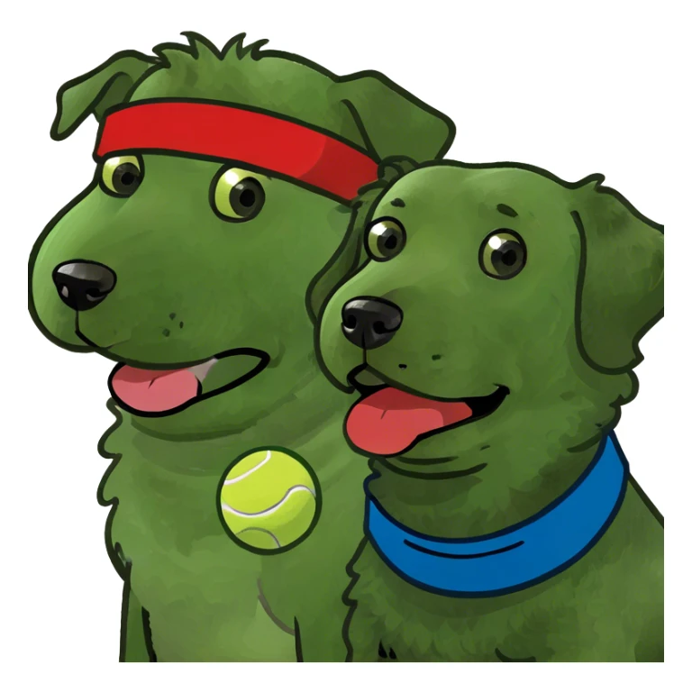  two fluffy doodle-like dogs. One is light brown with a curly coat, holding a tennis ball in its mouth. The other is black and white with curly fur. sticker