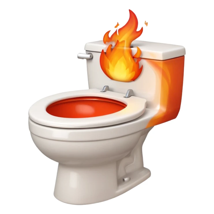 A smiling, happy white-colored toilet with fire coming from its bowl sticker