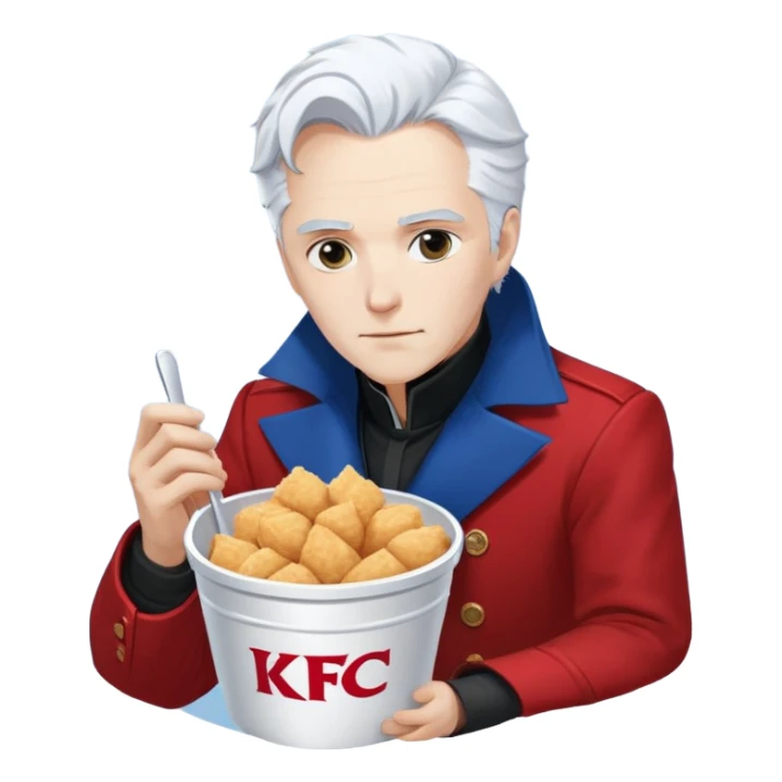 Dante and Vergil from Devil May Cry sitting together in a KFC family bucket, Dante in red coat, Vergil in blue coat, both with white hair sticker