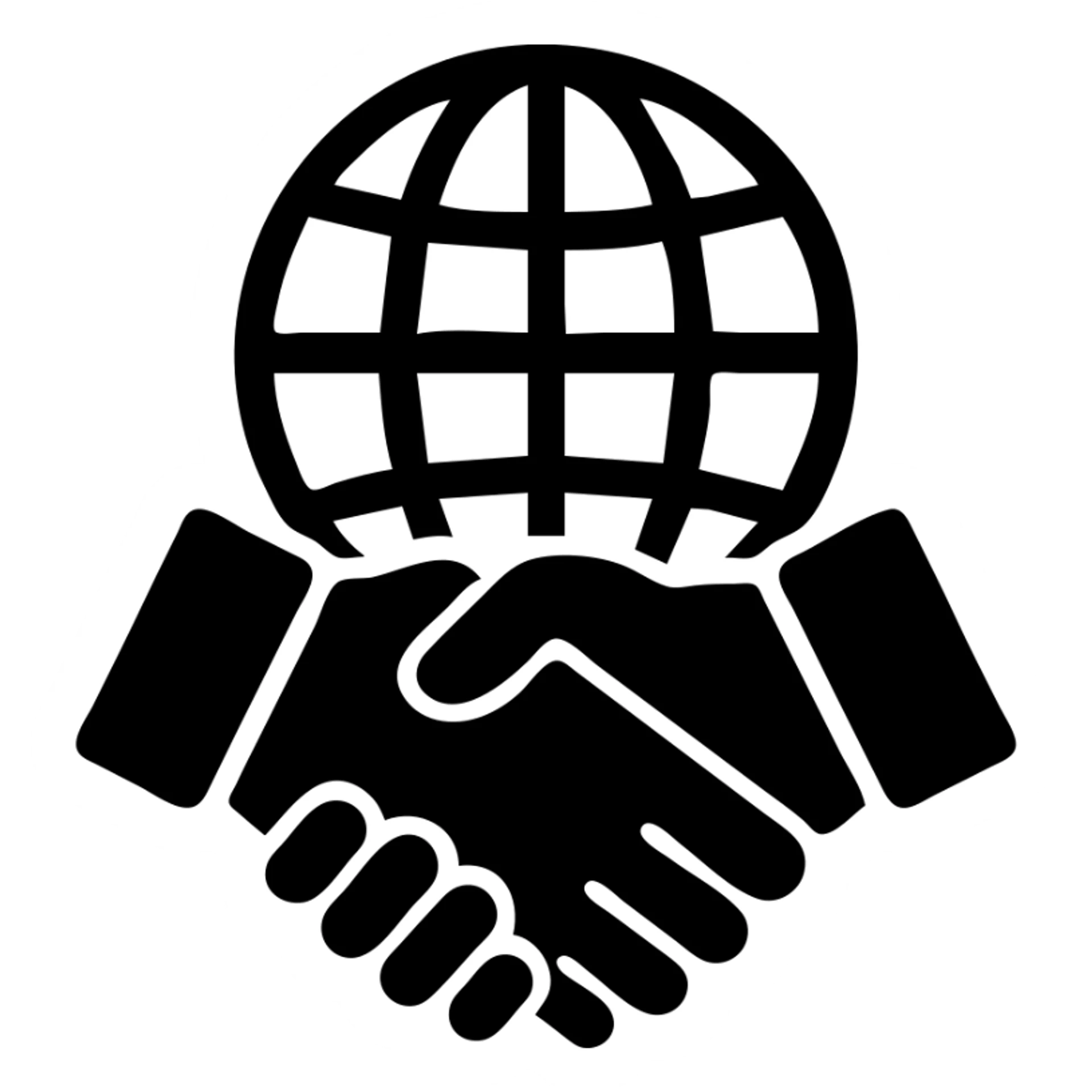 International partners icon, handshake in front of a globe, black filled style, variation 1 sticker