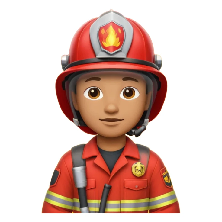 3D cartoon-style firefighter in the Apple emoji style, wearing a bright red fireproof uniform and matching helmet sticker