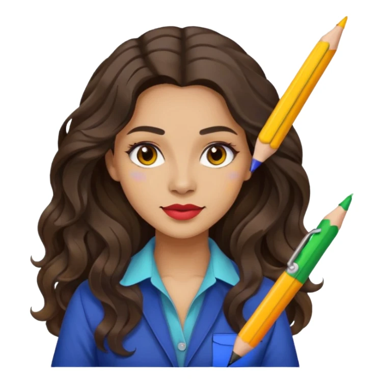 female dark wavy long hair graphic designer , color wheel, pens, papers sticker