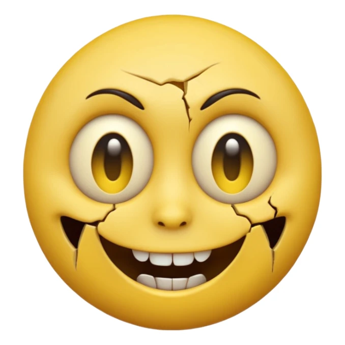 A horror-style emoji face, round yellow emoji shape, distorted facial expression, dark hollow eyes, creepy smile, cracked surface, unsettling mood, high detail, 3D render
 sticker