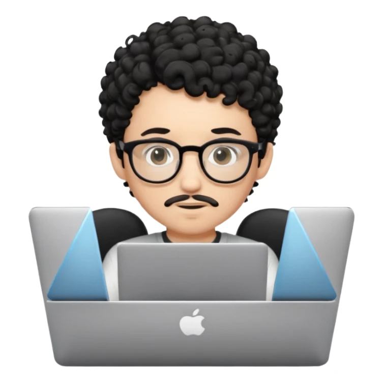 A young boy DEVELOPER WITH A laptop, black curly short hair, wearing glasses, a thin goatee, his skin is white sticker