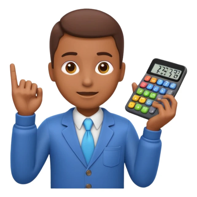 3D iPhone style emoji of a person using a calculator, finger pressing colorful buttons, digital display showing numbers, isolated on white background, soft shadows, high detail, playful and cute. sticker