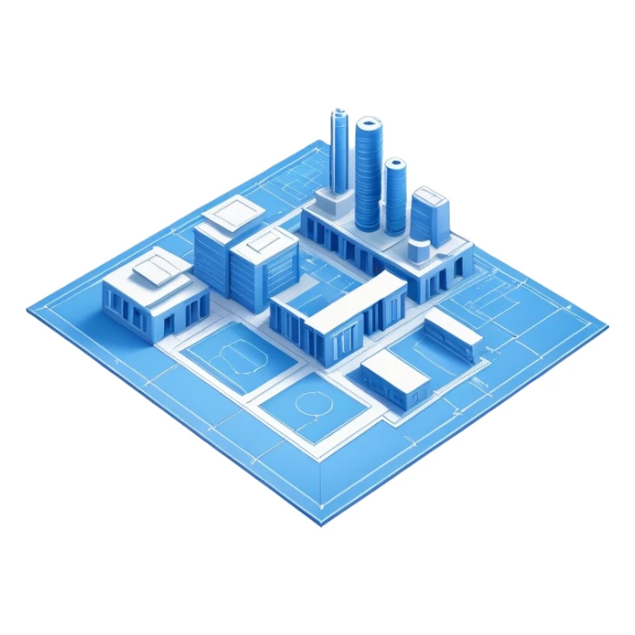 isometric view of blue blueprint plan with white lines and shaded 3D objects sticker
