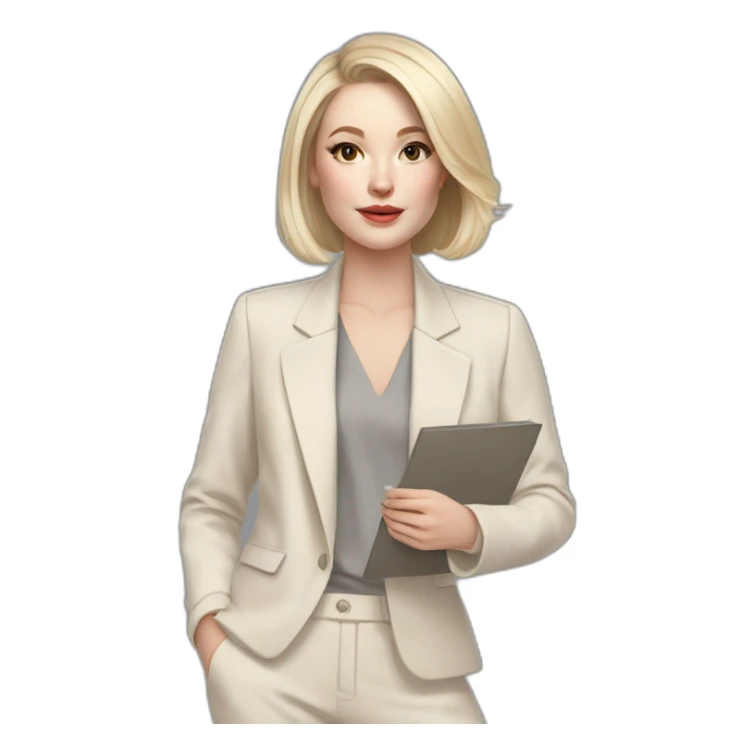 pale skin woman with ash blonde Straightened bob Hair, White Spacious classical jacket, beige palazzo Arrow pants and gray blouse holding a color palette in the hands sticker