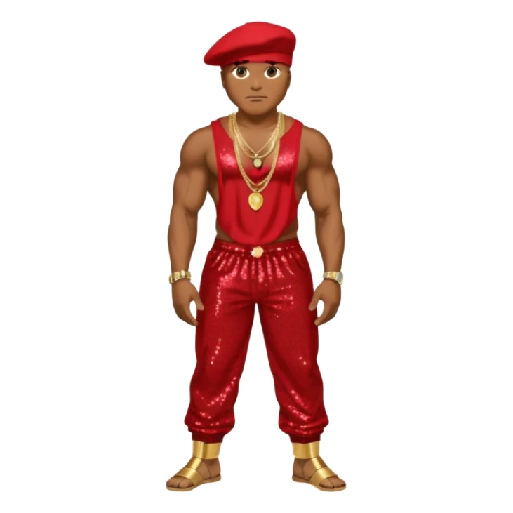 LL Cool J with red sequin baggy pants, shirtless with necklace sticker
