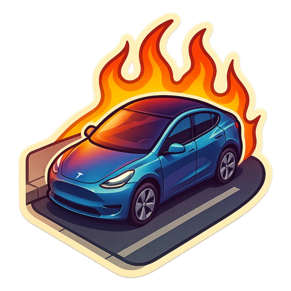 A Tesla Model Y parallel parking at a curb, from above, with fire around sticker
