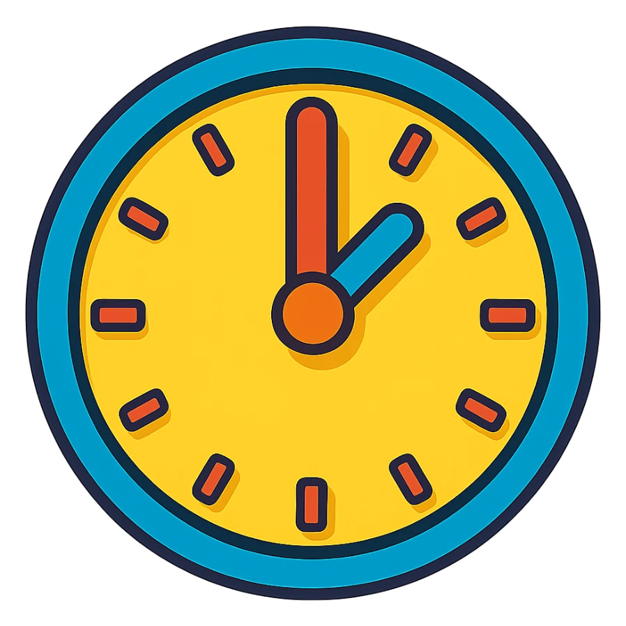 clock showing 1 pm, colorful cartoon style, bold hands, no numbers sticker