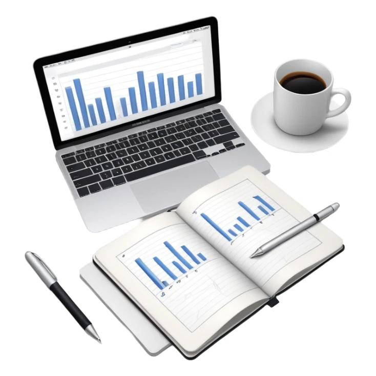 top view of a MacBook, open notebook with visible handwritten bar charts, and pen beside them sticker