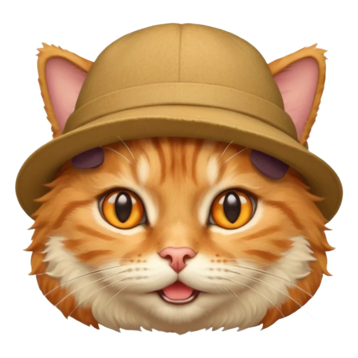 A cat wearing a hat with a very funny face sticker