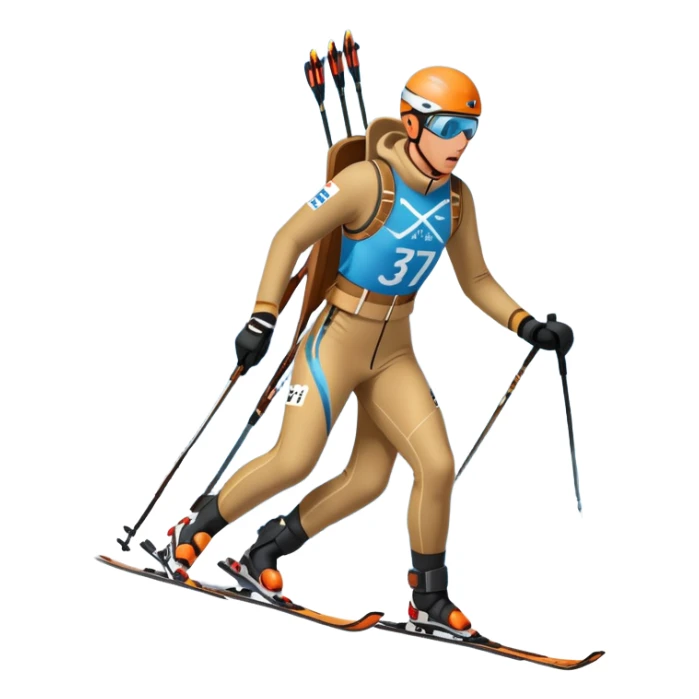 An icon featuring snow-covered trees, distant mountains, and a clear blue sky with a biathlete in motion, holding a rifle and skiing across a snowy course. Transparent background highlights the precision, endurance, and excitement of biathlon. sticker