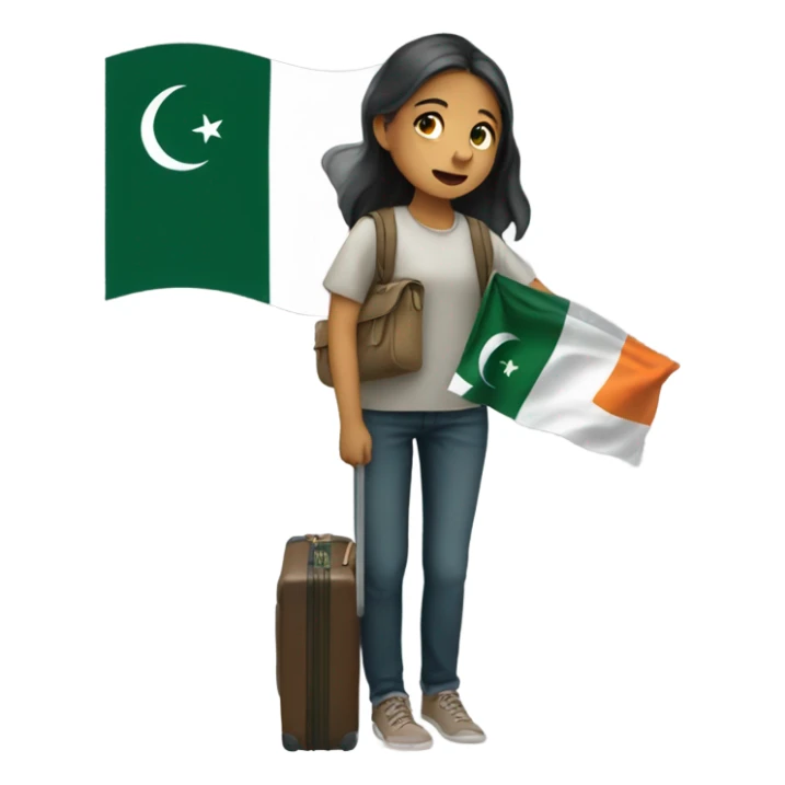 A girl crying , and holding a suitcase and Pakistan flag sticker