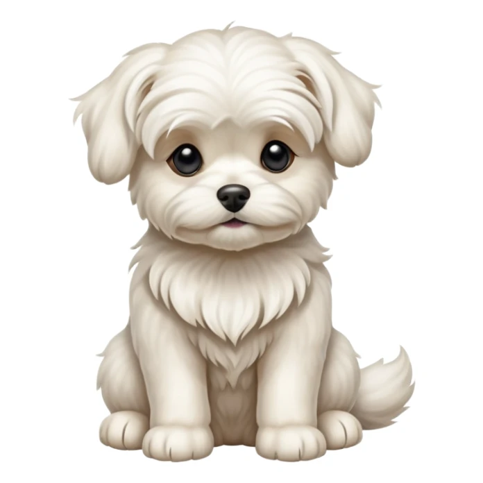 detailed-[Maltese dog]-realistic-full-body-sitting-emoji,-tail-resting-loosely-beside-its-paws,-head-tilted-dramatically, -wavy-[cream white]-fur,-simplified-yet-realistic-focused-features,-highly-detailed,-glowing-with-an-almost-sarcastic-glow sticker