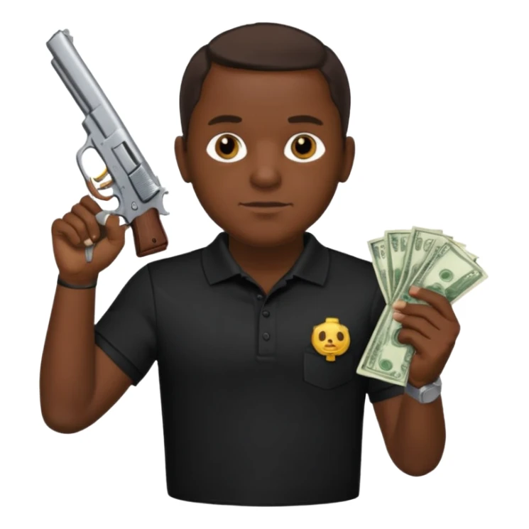 franklin saint from snowfall perhaps holding money and gun but he is with a black polo shirt sticker