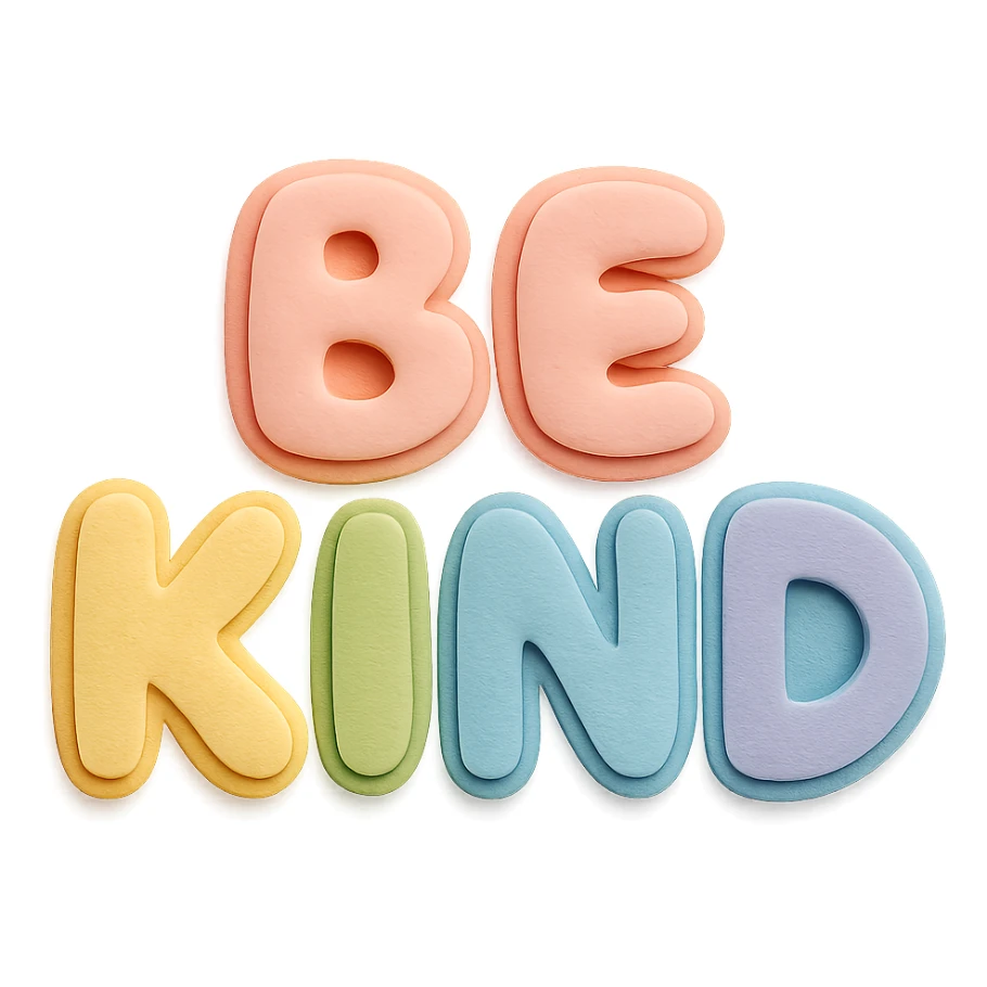 "Be Kind" soft pastel rainbow puffy bubble letters, kawaii cute, transparent background, no frame sticker