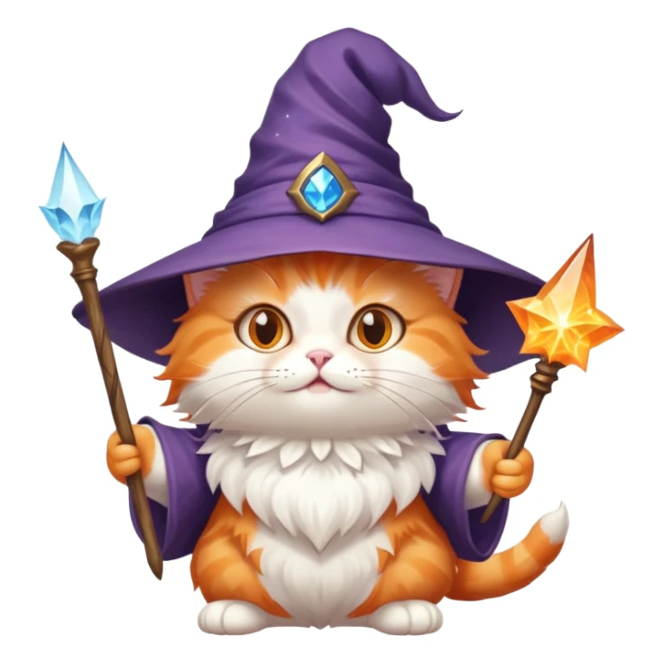 A cute cat with a pointy wizard hat and magic wand casting a spell sticker