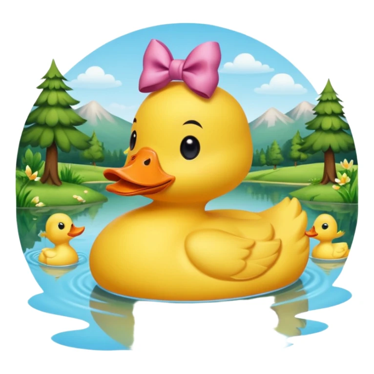 a yellow duck with a bow on its head in a lake surrounded by nature sticker