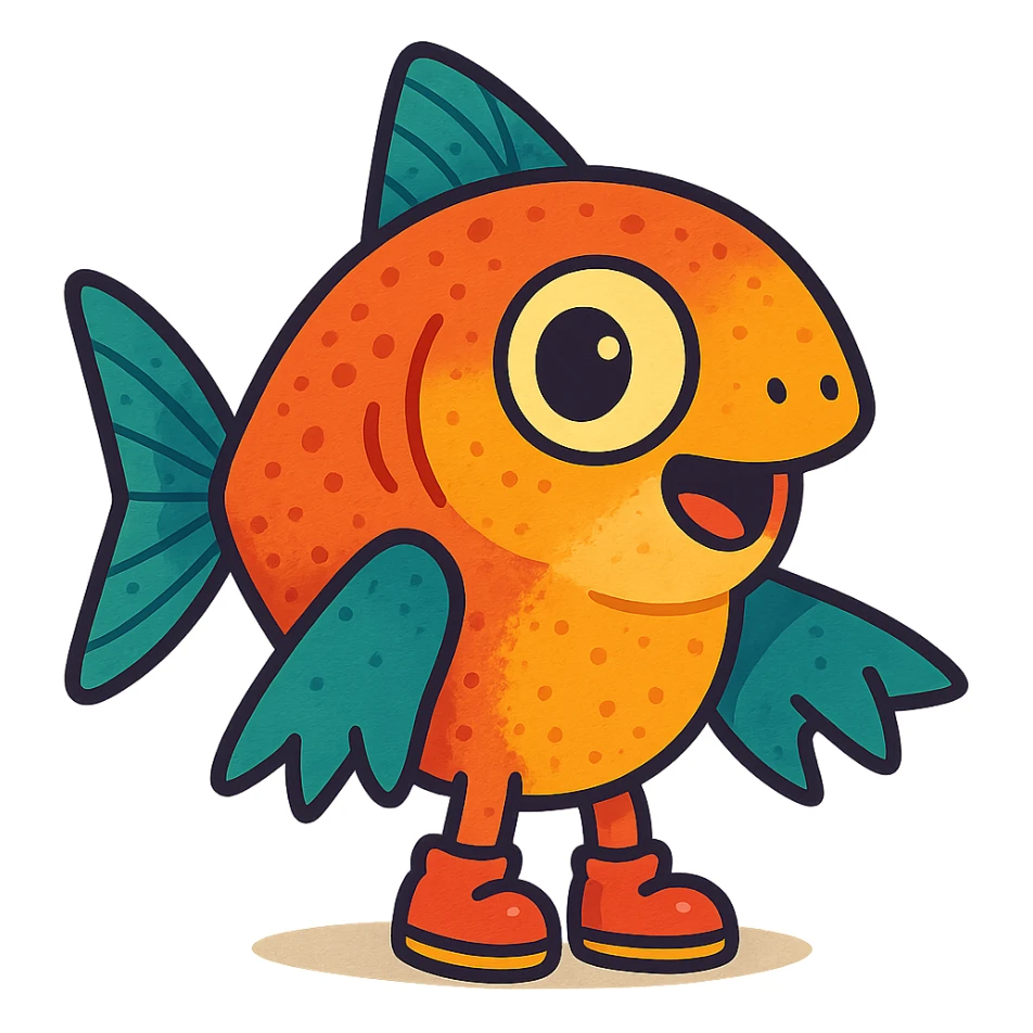 small cute funny cartoon animal with shark-like hands and fish-like features, wearing tiny shoes, bright colors, detailed textures, playful and curious expression sticker