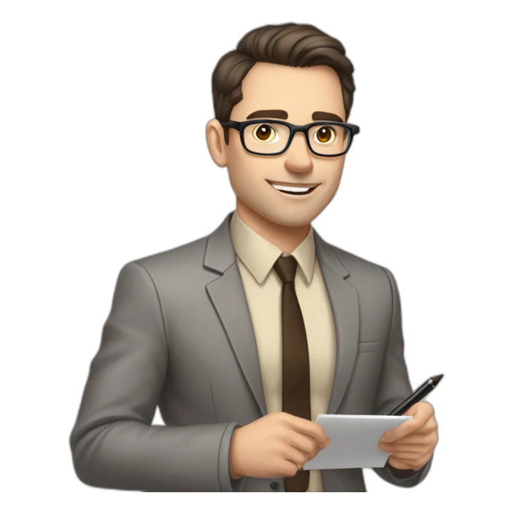 Pale skinned fit man with dark brown hair in gray jacket, beige office shirt, brown tie, brown pants and vintage glasses Writing on the marker board sticker