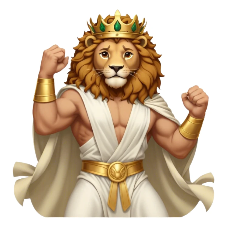 Cinematic Realistic Hercules Portrait, captured in a dramatic lion-wrestling pose that epitomizes raw, heroic strength. His light tan, athletic skin and thick, curly, golden brown hair are showcased as he grapples with a majestic lion, his refined face reminiscent of Michelangelo's David marked by noble determination. Draped in a flowing white robe with understated golden accents and crowned with a classic Greek laurel wreath, dynamic natural lighting accentuates every muscular contour and fierce, commanding expression, embodying the essence of ancient valor. sticker