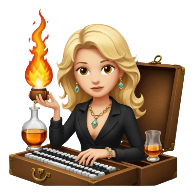 A sketchnote illustration rendered in a strong moody style, featuring a blonde woman with cascading gorgeous hair, a keyboard, a whiskey bottle, a key, a jewelry box, and fire elements against a black background. The lighting is low with low contrast, emphasizing dramatic shadows. sticker