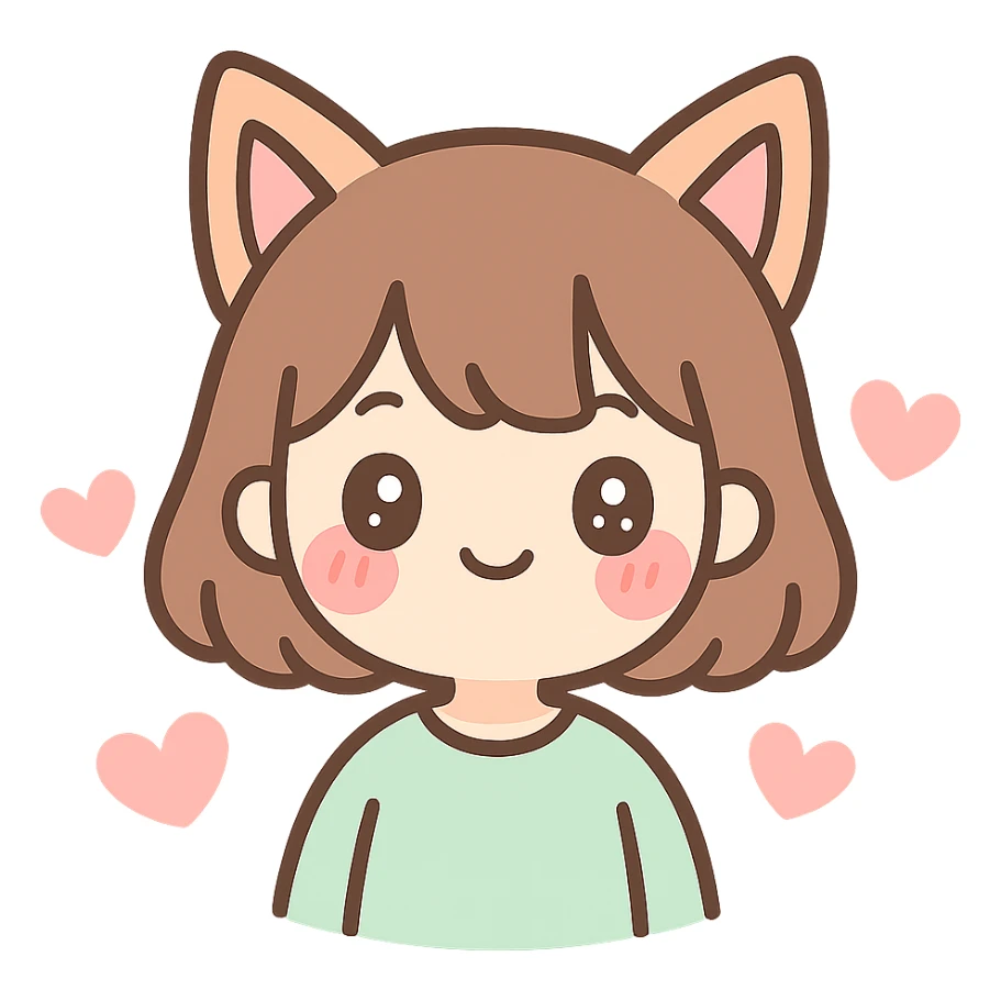 kawaii-style human with fox ears, blushing, surrounded by hearts sticker