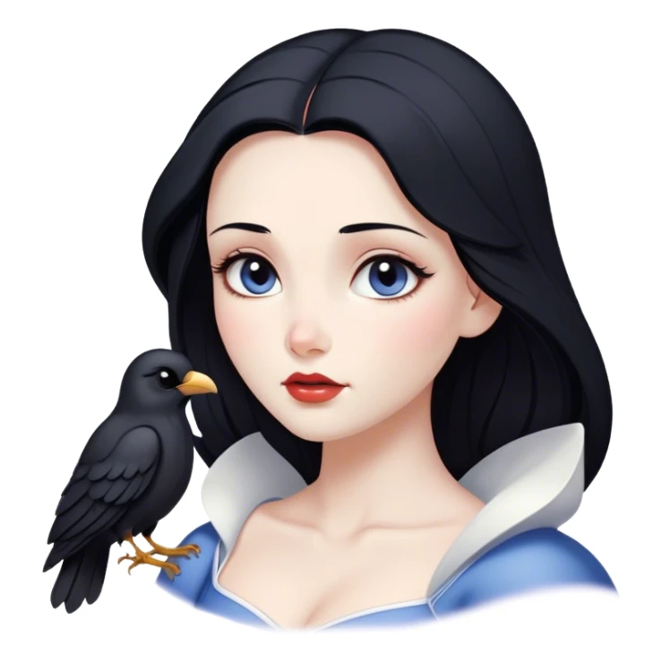 Cinematic Serene Snow White Portrait Emoji, rendered in a simplified vector style. Depict a gentle Snow White (chest and above) with flawless porcelain skin and flowing raven hair, her kind eyes and calm expression exuding a quiet, enchanting charm. The image glows softly with an inviting, pure light and is outlined with a subtle glow. sticker