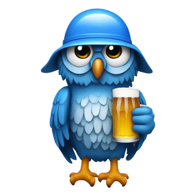 Blue owl wearing a helmet that has drinking straws on the sides to hold beer sticker