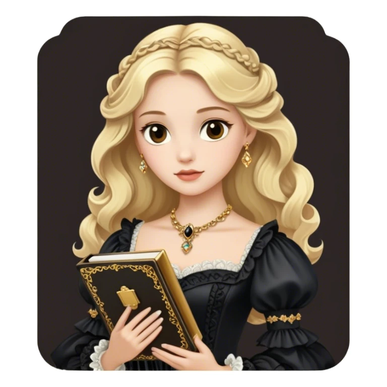 Blonde model with brown eyes wearing a black rococo gown clutching a golden notebook sticker