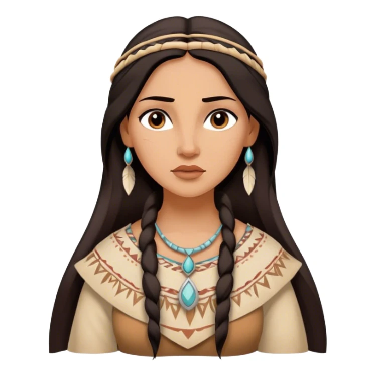Cinematic Timeless Pocahontas Portrait Emoji, rendered in a realistic, vector style. Depict Pocahontas with warm, glowing skin, naturally flowing dark hair, and a serene, gentle expression, wearing traditional garments in muted earth tones. The design features bold, clean proportions, a soft, inviting glow, and a subtle glowing outline that captures her enduring natural beauty. sticker
