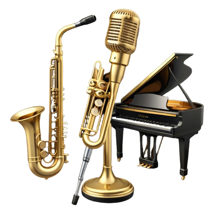 Create an elegant and vintage-inspired emoji representing jazz vocal performance. In the foreground, feature a classic, antique jazz microphone on a stand. Behind it, place a grand piano, with the lid slightly open, and have a Selmer Model 19 Balanced Action trumpet resting on top of the piano. The trumpet should have visible details like its shiny brass finish and the unique design of the valves. Add musical notes flowing around the scene to capture the improvisational essence of jazz. Use rich, deep colors like black, gold, and dark wood tones to evoke the timeless, sophisticated atmosphere of jazz. The background should be transparent. sticker